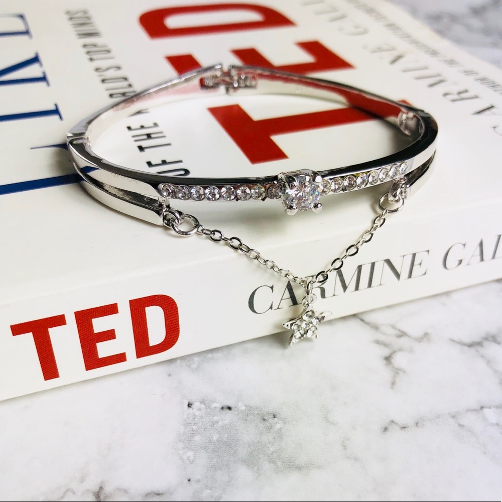New! Rhinestones Star Drop Silver Bangle Bracelet